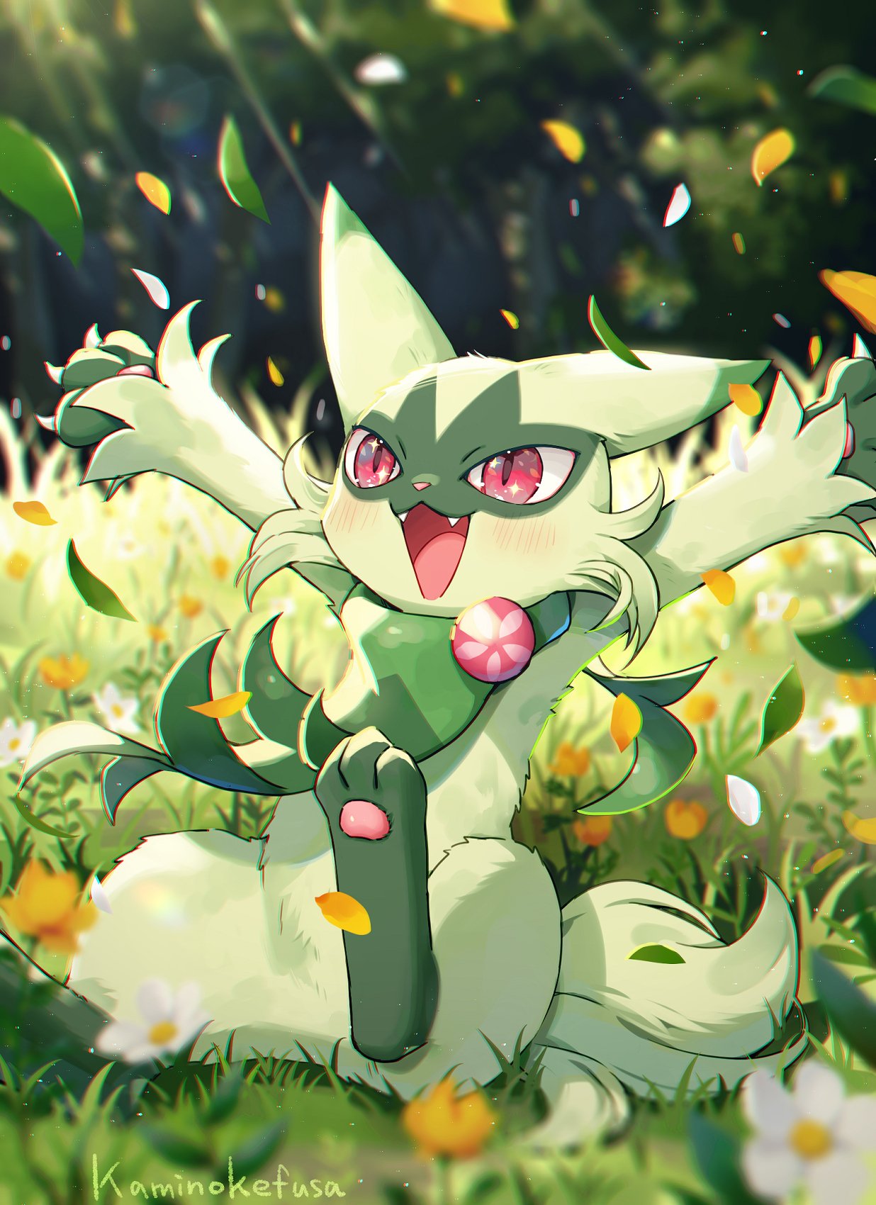 2023 3_fingers 3_toes ambiguous_gender anthro blush claws cute_fangs digital_media_(artwork) fangs feet finger_claws fingers floragato flower fur generation_9_pokemon grass green_body green_fur happy hi_res kaminokefusa kemono leaf nintendo open_mouth pawpads paws petals pink_eyes plant pokemon pokemon_(species) solo teeth toes tongue
