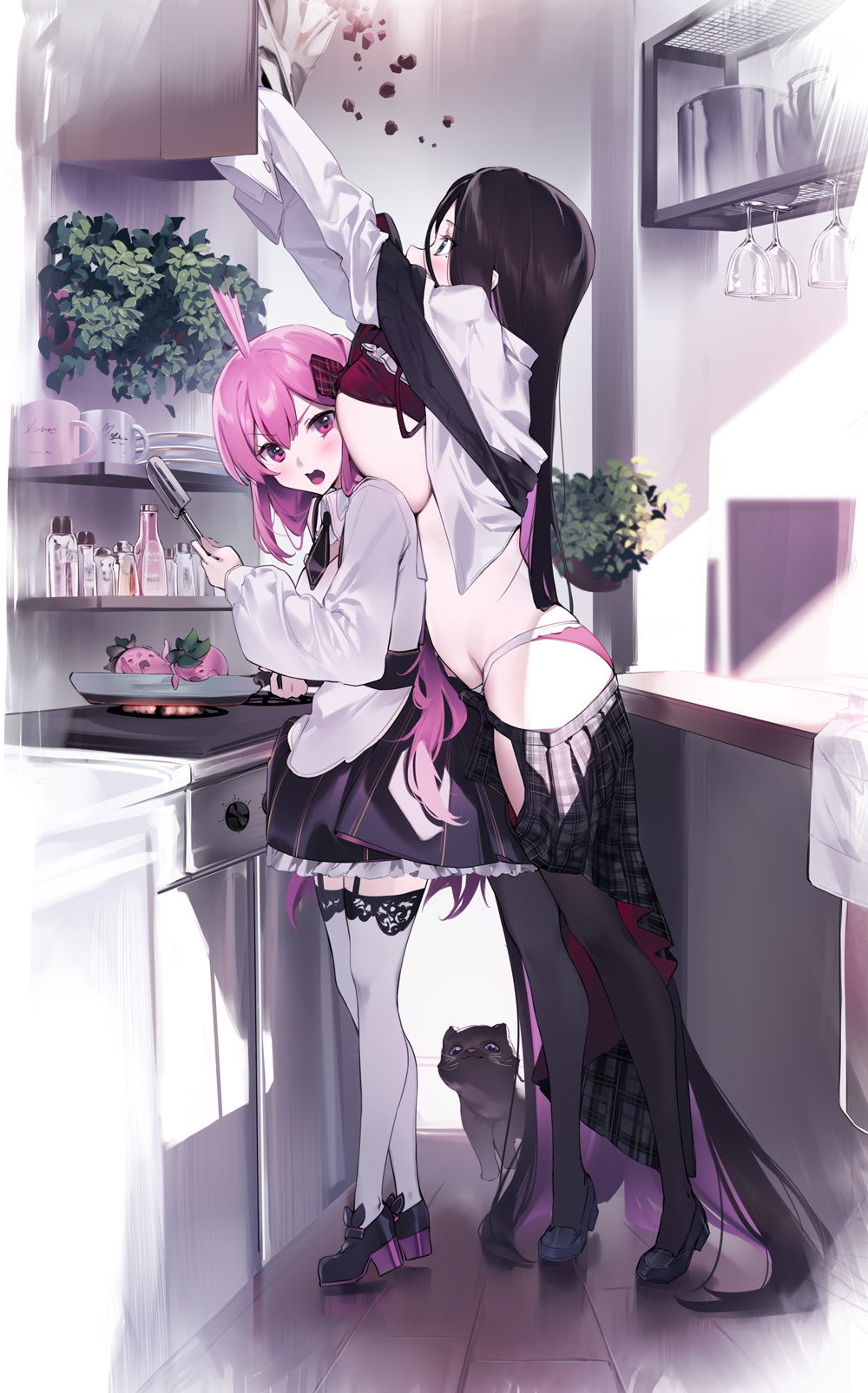 2girls black_skirt black_thighhighs blush bottle bra breasts brown_hair cat clothes_pull cooking cup face_to_breasts full_body highres holding holding_spatula huge_breasts indoors kitchen long_hair long_sleeves mandrake multiple_girls open_clothes open_mouth open_shirt original panties pink_eyes pink_hair pink_panties plaid plaid_skirt plant red_bra shirt skirt skirt_pull spatula thighhighs tiptoes underwear very_long_hair white_shirt white_thighhighs yaguo