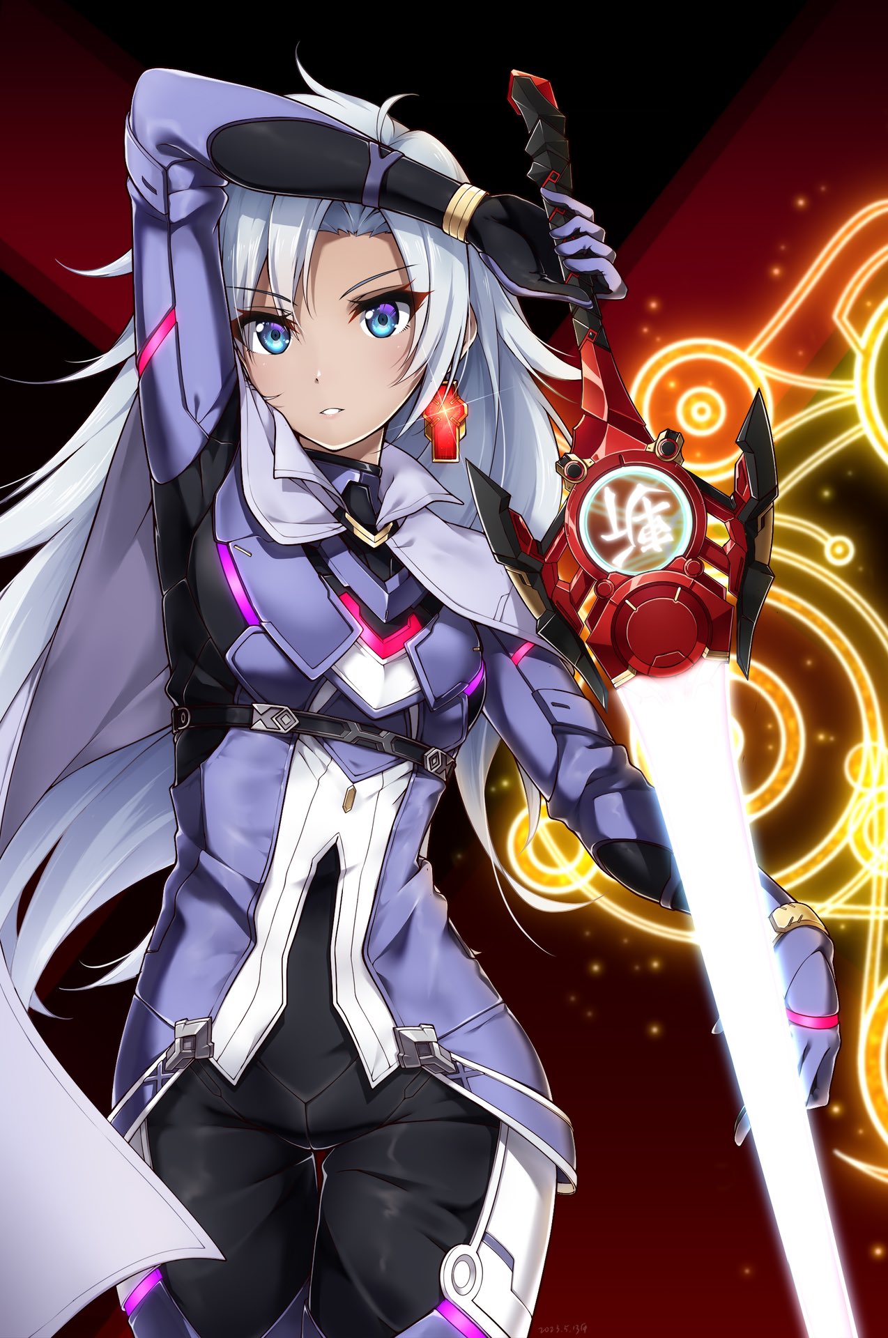 1girl a_(xenoblade) armor blue_eyes cape closed_mouth collared_cape detached_wings earrings energy_wings expressionless hair_between_eyes hair_intakes highres holding jewelry long_hair looking_at_viewer messy_hair monado shiimai simple_background single_earring single_wing solo sword very_long_hair weapon wings xenoblade_chronicles_(series) xenoblade_chronicles_3 xenoblade_chronicles_3:_future_redeemed