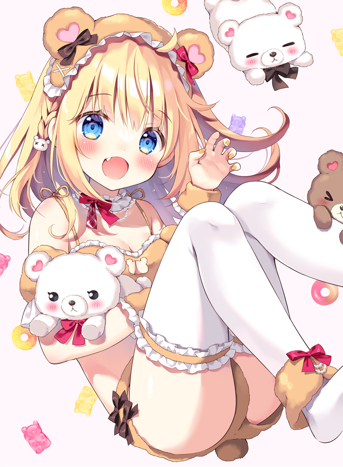 &gt;_&lt; 1girl :d animal_ears ass bear_ears bear_hair_ornament bear_tail blonde_hair blue_eyes blush braid breasts brown_shorts claw_pose cleavage commentary_request fake_animal_ears fake_tail fang feet_out_of_frame hair_ornament hand_up looking_at_viewer medium_breasts nail_polish no_shoes orange_nails original pan_(mimi) pink_background short_shorts shorts simple_background smile solo stuffed_animal stuffed_toy tail teddy_bear thighhighs white_thighhighs x_x