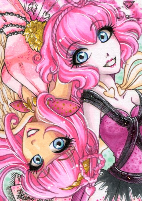 2girls angel_wings blue_eyes chariclo_arganthone_cupid colored_skin dress dual_persona ever_after_high feathered_wings headband heart monster_high multiple_girls pale_skin pandoras-locker pink_dress pink_hair pink_headband pink_lips skeletal_wings smile upside-down white_skin wings