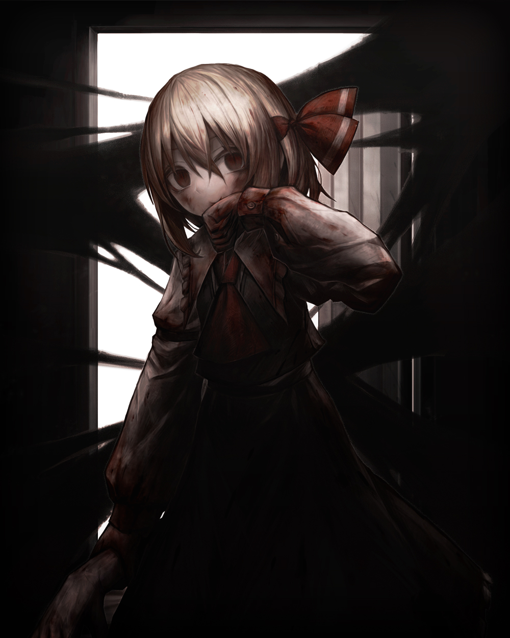 1girl ascot black_nails black_skirt black_vest blonde_hair blood blood_on_clothes blood_on_face blood_on_hands collared_shirt darkness fingernails frilled_shirt_collar frills highres long_fingernails long_sleeves nail_polish red_ascot red_eyes rumia severed_hand sharp_fingernails shirt short_hair skirt solo spark621 touhou vest white_shirt