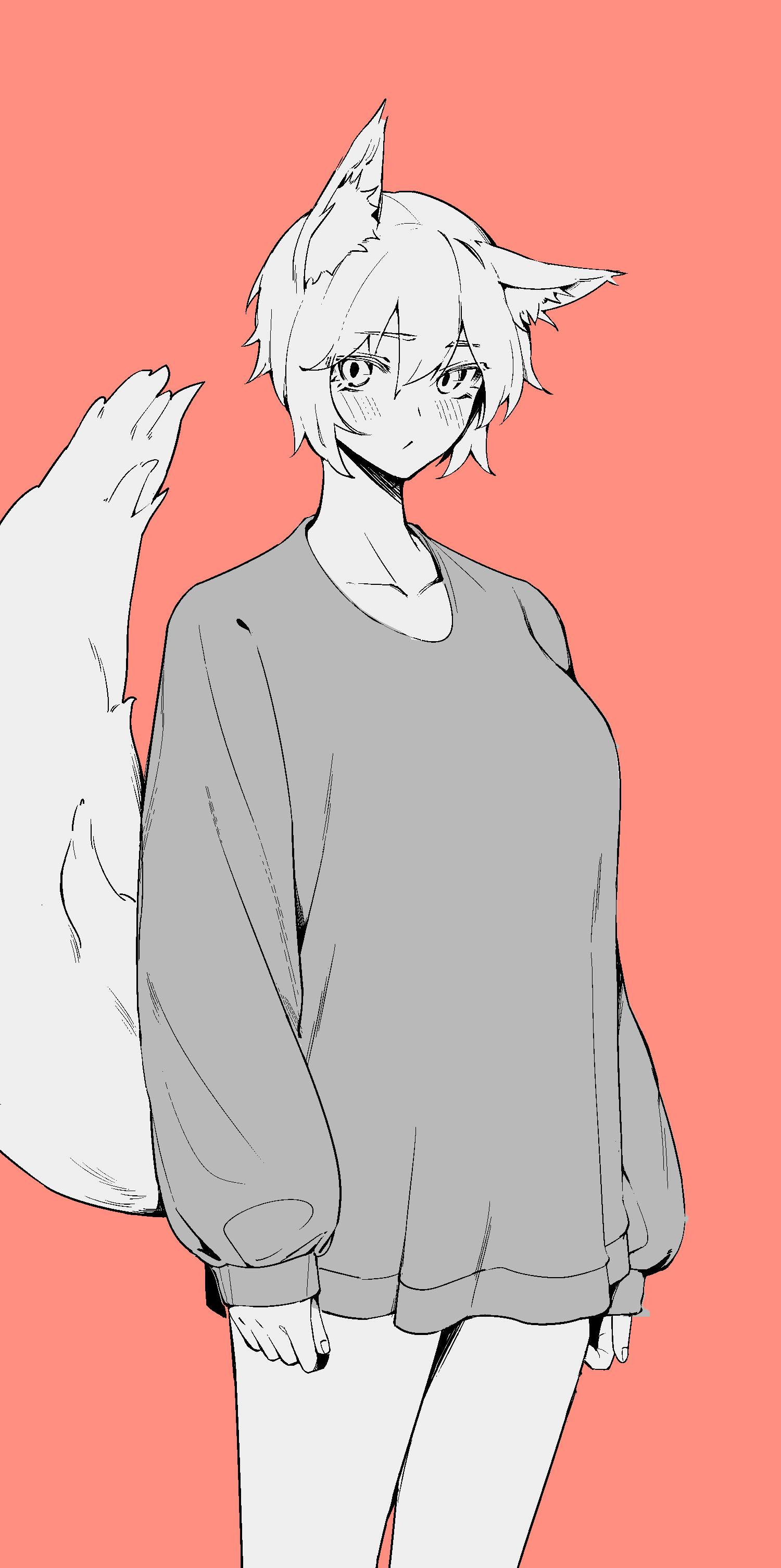 1641_(chfhrtor94) 1girl absurdres alternate_costume animal_ear_fluff animal_ears blush commentary_request cowboy_shot grey_shirt highres inubashiri_momiji korean_commentary long_sleeves looking_at_viewer meme monochrome pajamas_challenge_(meme) shirt short_hair simple_background solo tail touhou white_hair wolf_ears wolf_tail