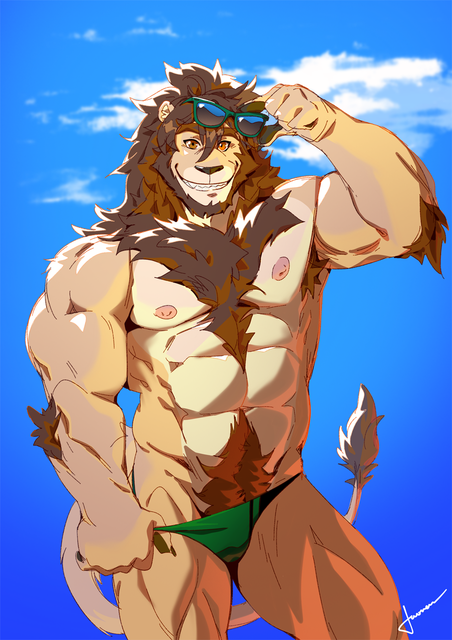 andromorph anthro clothing eyewear felid hair hi_res intersex jun_(scj) lion looking_at_viewer mammal mane muscular muscular_anthro nipples pantherine solo speedo sunglasses swimwear taoren