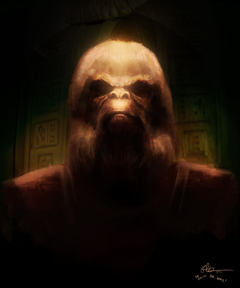 ape beard blonde_beard blonde_eyebrows blonde_hair clothing digital_drawing_(artwork) digital_media_(artwork) dr._zaius eyebrows facial_hair hair haplorhine humanoid lord-phillock male mammal orangutan planet_of_the_apes primate religious_clothing shadowy_figure signature solo wood_background