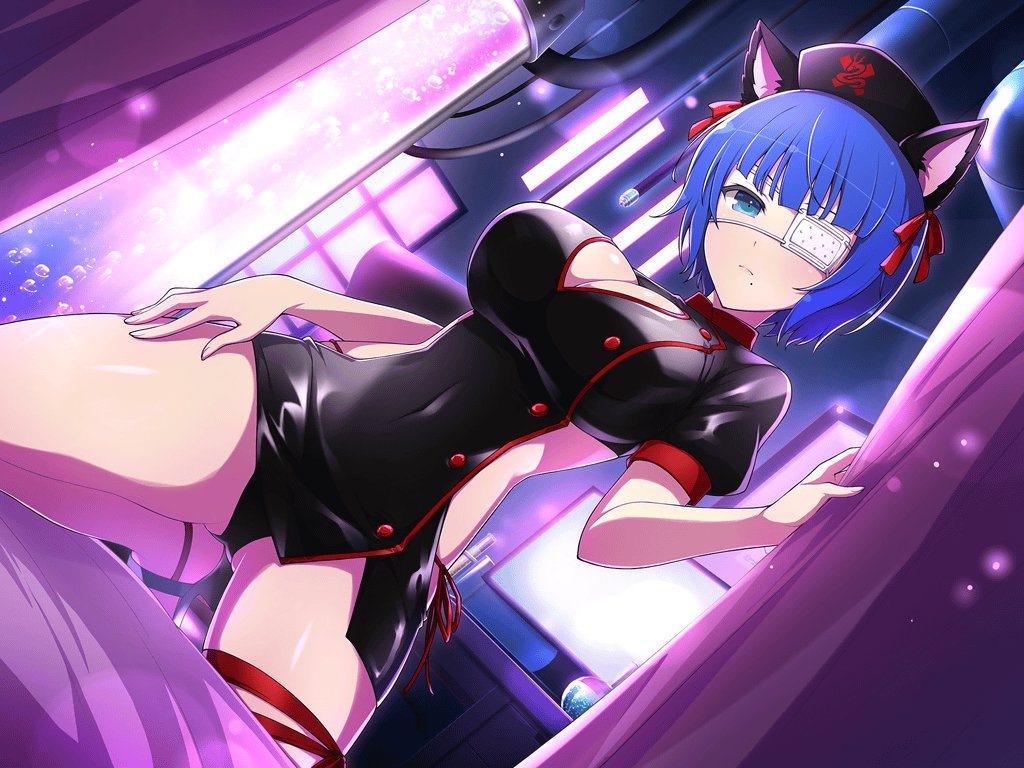 1girl animal_ears black_panties blue_eyes blue_hair blush breasts buttons cable cat_ears cat_girl cleavage covered_navel crossover curtains eyepatch hair_ribbon hat high_heels ikkitousen large_breasts leg_ribbon light_particles looking_at_viewer medical_eyepatch mole mole_under_mouth nurse nurse_cap official_alternate_costume official_art on_bed panties red_ribbon revealing_clothes ribbon ryomou_shimei sandals senran_kagura senran_kagura_new_link shiny_skin short_hair side-tie_panties solo stasis_tank television thigh_ribbon underwear vat yaegashi_nan