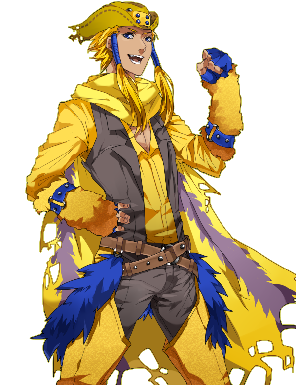 1boy :d blonde_hair blue_eyes blue_gloves fingerless_gloves galvantula gloves grey_pants grey_vest hat katagiri_hachigou long_hair male_focus open_clothes open_vest pants personification pokemon scarf shirt simple_background smile teeth torn_clothes torn_hat vest white_background yellow_scarf yellow_shirt