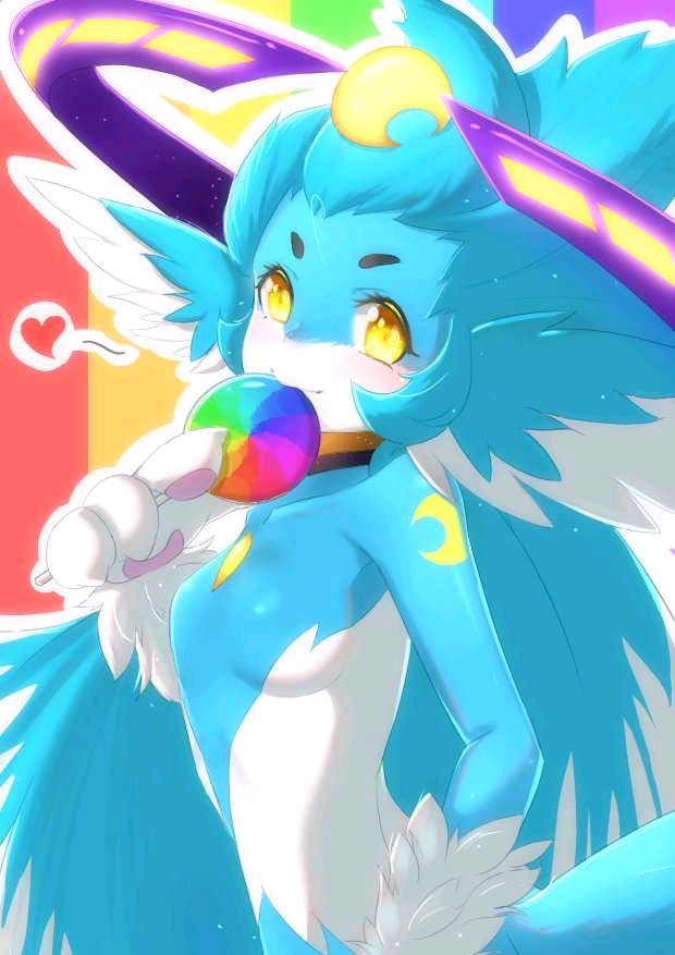 anthro bicolored_fur blue_body blue_fur breasts colorful colorful_background containing_food crystals_on_the_body featureless_breasts female fengyi_origami fur heart_pattern holding_food_in_mouth markings moon_(marking) seer_(copyright) solo taomi unknown_species white_body yellow_eyes