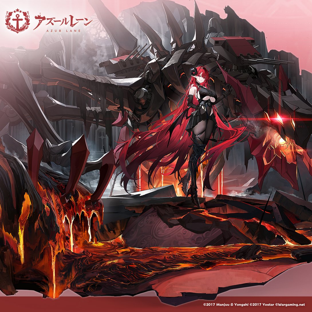 1girl absurdly_long_hair ahoge azur_lane black_dress black_footwear black_gloves black_pantyhose boots breasts copyright_name crop_top demon_tail demon_wings dress elbow_gloves full_body gloves hair_between_eyes hair_intakes hindenburg_(azur_lane) horns large_breasts long_hair looking_at_viewer official_art pantyhose parted_lips pointy_ears red_eyes red_hair rigging second-party_source skindentation solo tail thigh_boots underboob very_long_hair wings world_of_warships yunsang