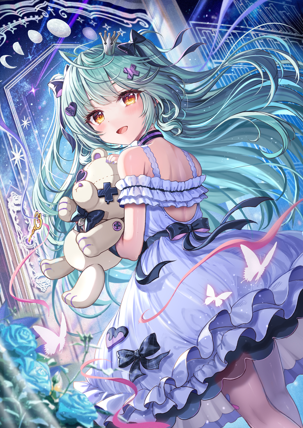 1girl ahoge akabane_(zebrasmise) bare_shoulders black_bow black_collar black_ribbon blue_flower blurry blurry_foreground blush bow bug butterfly collar commentary_request crescent_moon crown dress flower frilled_dress frills full_moon gibbous_moon green_hair hair_bow hair_ornament hair_ribbon half_moon heart heart-shaped_ornament heart_hair_ornament highres holding holding_stuffed_toy key long_hair looking_back mahoroba moon moon_phases multiple_hair_bows nemori_petty purple_nails ribbon sidelocks solo stuffed_animal stuffed_toy teddy_bear virtual_youtuber white_dress x_hair_ornament yellow_eyes