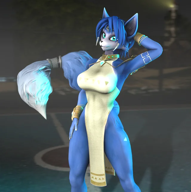 accessory anthro arm_tattoo bare_hips bare_thighs basketball_field belt blue_body blue_fur blue_hair breasts canid canine clothing collar detailed_background dress driverklutzy female field fox fur furgonomics gold_(metal) gold_accessory gold_belt gold_clothing gold_collar hair hair_accessory hand_behind_head hand_on_hip hand_on_leg hand_on_thigh krystal light lighting looking_at_viewer mammal metal_collar nintendo pose smile solo star_fox tail tail_accessory tattoo thick_thighs yellow_clothing yellow_dress