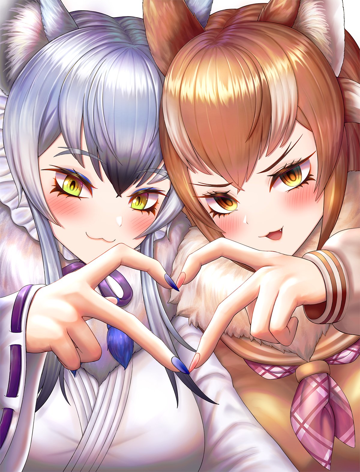 2girls :3 animal_ear_fluff animal_ears blush bone_necklace breasts brown_eyes brown_hair closed_mouth extra_ears fang forked_eyebrows fur_collar glowing glowing_hair grey_hair hair_between_eyes heart heart_hands highres japanese_wolf_(kemono_friends) kemono_friends kemono_friends_3 long_hair long_sleeves looking_at_viewer makami_(kemono_friends) multicolored_hair multiple_girls neckerchief neukkom open_mouth plaid_neckerchief short_hair_with_long_locks smile two-tone_hair white_hair wolf_ears wolf_girl yellow_eyes