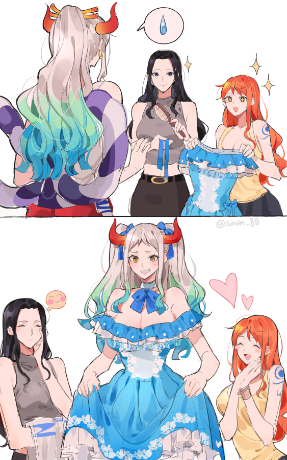 +_+ 3girls ^_^ archived_source arm_tattoo bad_id bad_twitter_id belt black_hair blue_dress blue_hair closed_eyes dress frilled_dress frills green_hair hair_ornament hair_ribbon halterneck heart holding holding_clothes holding_dress horns joman long_hair looking_at_another multicolored_hair multiple_girls nami_(one_piece) nico_robin one_piece orange_hair ribbon short_bangs simple_background smile spoken_sweatdrop star_(symbol) strapless strapless_dress sweatdrop tank_top tattoo twintails upper_body white_background white_hair yamato_(one_piece)
