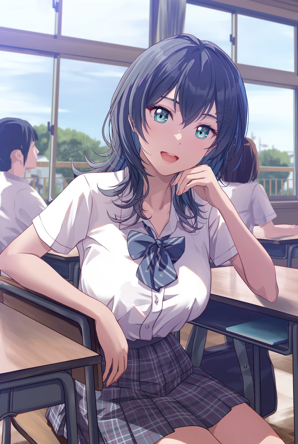 3girls aqua_eyes bag black_hair black_skirt blue_hair bow bowtie classroom collared_shirt colored_inner_hair commentary_request dress_shirt elbow_rest hair_between_eyes hair_ornament hairclip head_rest highres indoors kenzen_kanojo_uruka-chan long_hair looking_at_viewer multicolored_hair multiple_girls on_chair open_mouth original plaid plaid_skirt school_bag school_uniform shamakho shirt shirt_tucked_in short_sleeves sitting skirt sky uruka_(kenzen_kanojo_uruka-chan) white_shirt window