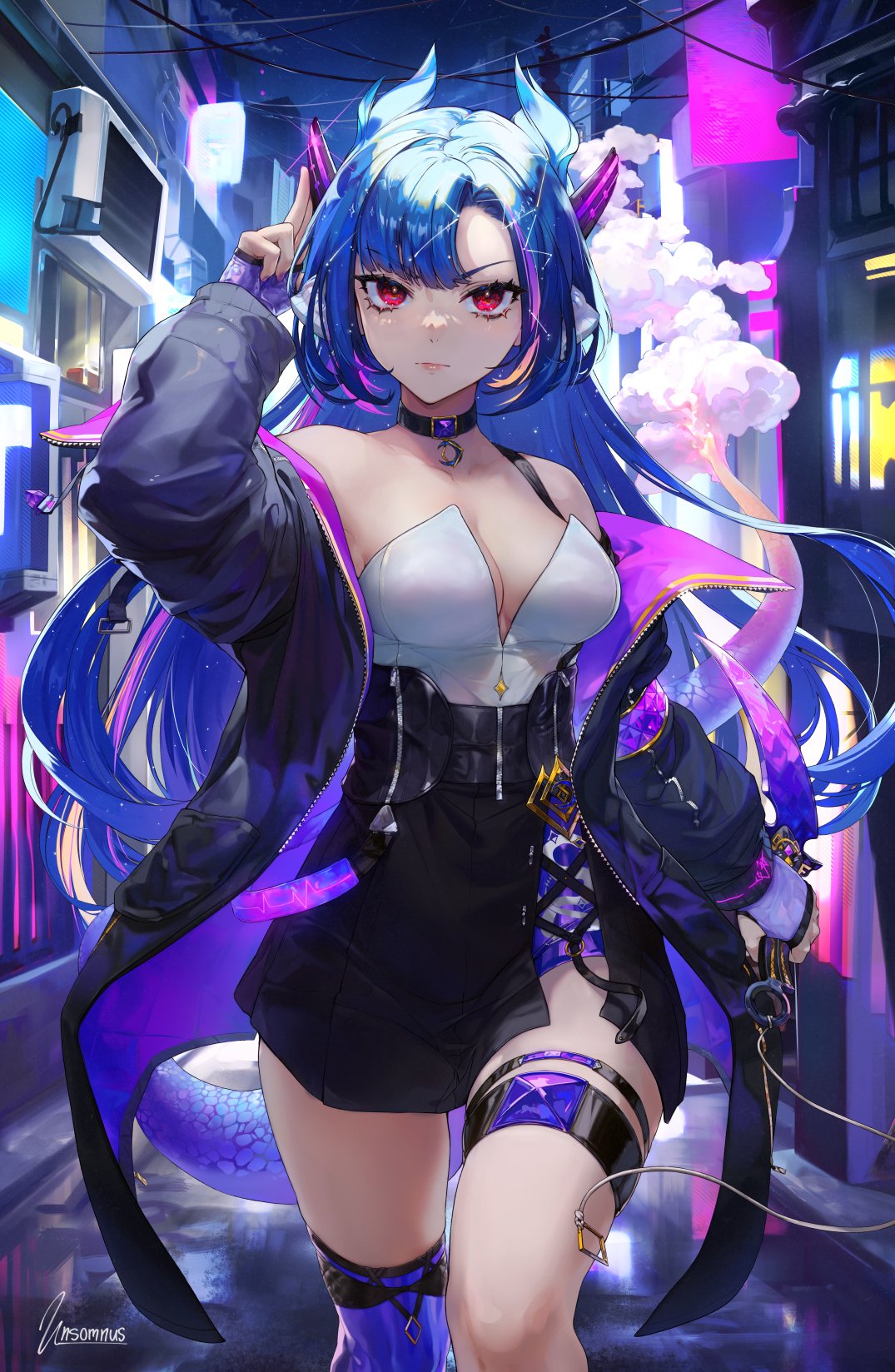 1girl bare_shoulders black_choker blue_hair breasts building choker dragon_girl dragon_horns fingerless_gloves gloves highres holding holding_weapon horns indie_virtual_youtuber jacket long_hair looking_at_viewer medium_breasts multicolored_hair open_clothes open_jacket pink_hair red_eyes single_thighhigh solo streaked_hair tail thigh_strap thighhighs unsomnus vienna_(vtuber) virtual_youtuber weapon