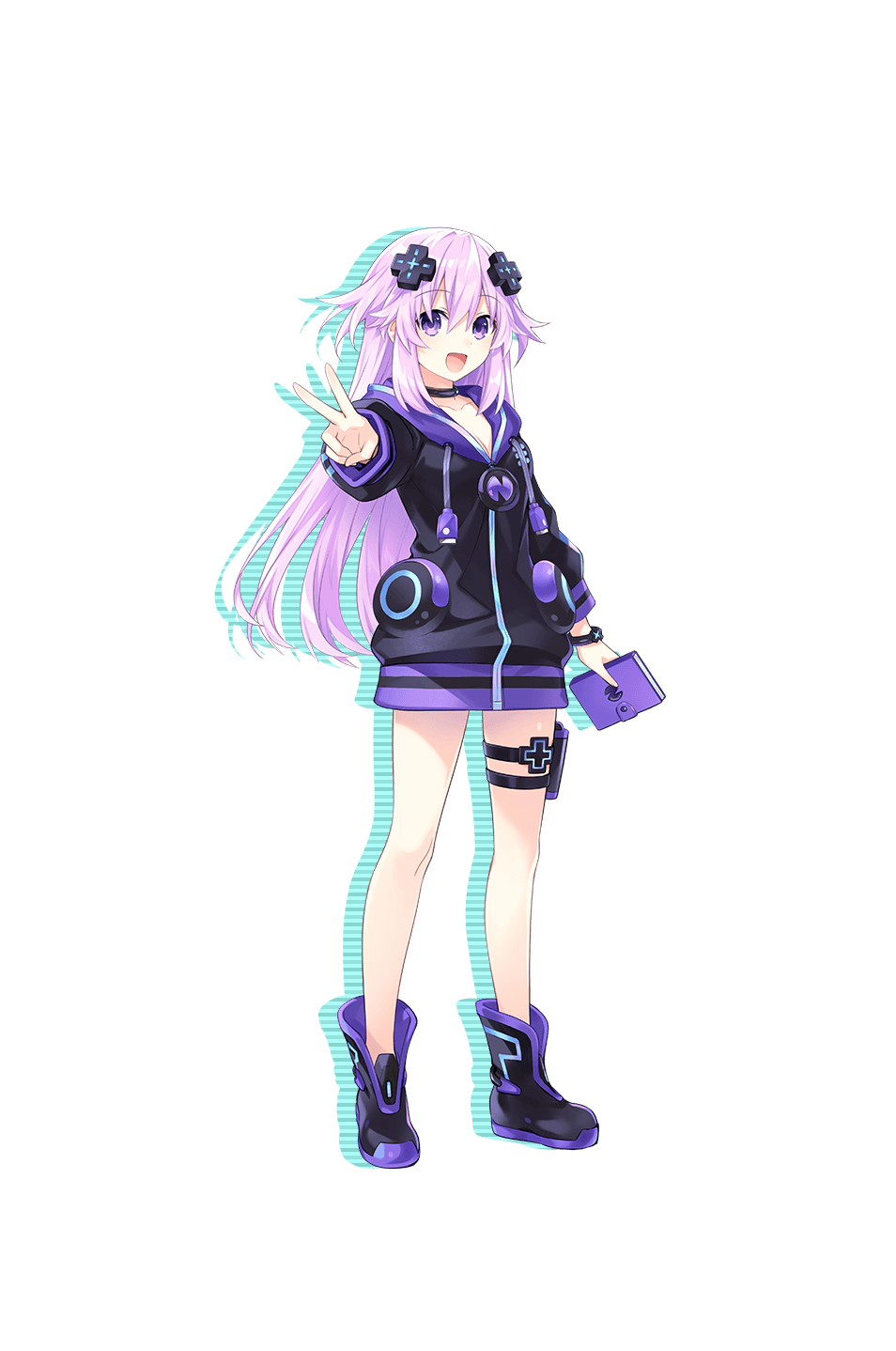 adult_neptune aged_up alternate_color book choker d-pad d-pad_hair_ornament hair_ornament highres holster hood hooded_jacket hooded_track_jacket jacket long_hair neptune_(series) official_alternate_hair_length official_alternate_hairstyle official_art purple_eyes purple_hair track_jacket transparent_background tsunako usb v