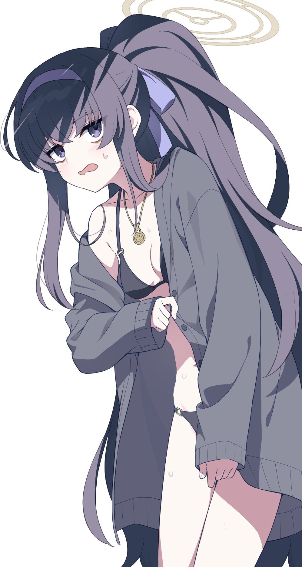 1girl bikini black_bikini black_hair blue_archive blue_hairband blue_ribbon breasts cardigan grey_cardigan hair_ribbon hairband halo highres jewelry keita_(kta0) long_hair long_sleeves looking_at_viewer necklace official_alternate_costume open_mouth purple_eyes ribbon simple_background small_breasts solo standing sweat swimsuit ui_(blue_archive) ui_(swimsuit)_(blue_archive) very_long_hair white_background