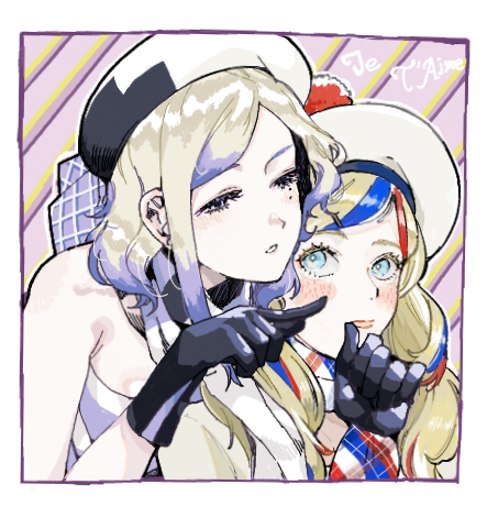 2girls bare_shoulders beret bitchcraft123 black_gloves blonde_hair blue_eyes blue_hair commandant_teste_(kancolle) gloves gradient_hair hat jean_bart_(kancolle) kantai_collection long_hair lowres mole mole_under_eye multicolored_clothes multicolored_hair multicolored_scarf multiple_girls pale_skin plaid plaid_scarf red_hair scarf short_hair streaked_hair upper_body white_hair white_headwear