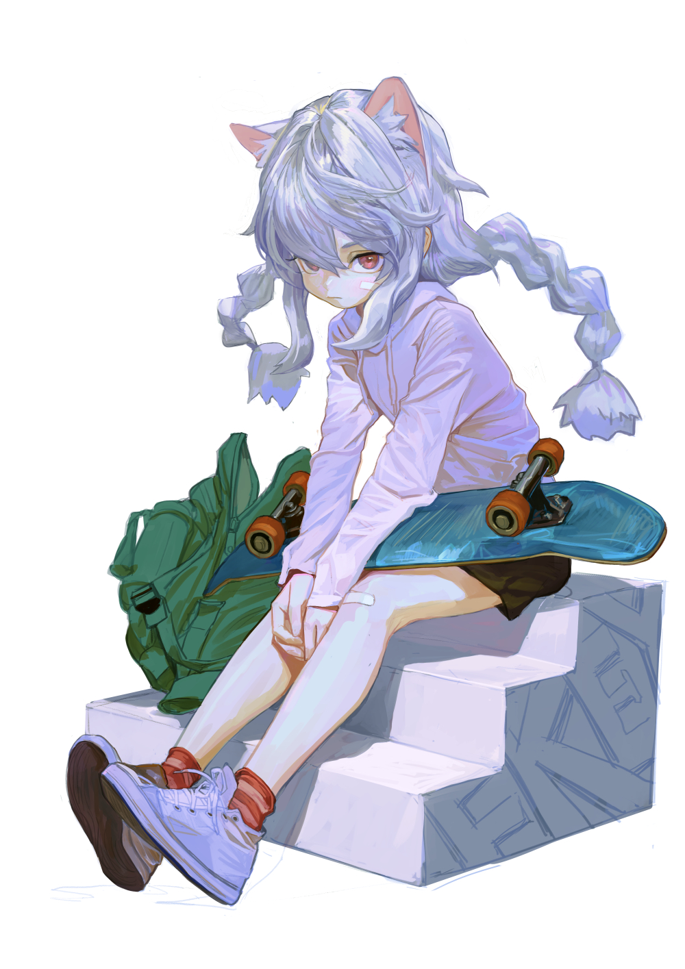 1girl animal_ears backpack bag bandaid bandaid_on_face bandaid_on_knee bandaid_on_leg braid cat_ears cat_girl double-parted_bangs extra_ears feiqizi_(fkey) fkey full_body green_bag highres holding holding_skateboard hood hoodie looking_at_viewer original pink_hoodie red_eyes shoes sidelocks sitting skateboard sneakers socks stairs striped striped_socks twin_braids white_background white_footwear white_hair