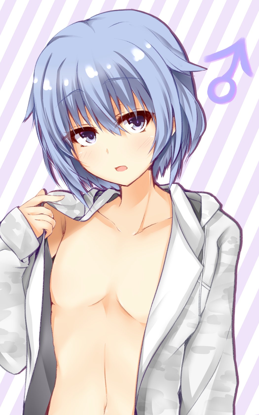 1boy armpit_crease blue_eyes blue_hair blush collarbone commentary_request ero-god eyes_visible_through_hair grey_jacket hair_between_eyes hand_up head_tilt highres hood hood_down hooded_jacket jacket jacket_tug looking_at_viewer mars_symbol midriff naked_jacket navel no_nipples open_clothes open_jacket open_mouth otoko_no_ko presenting riddle_joker short_hair sleeves_past_wrists solo suou_kyouhei upper_body upturned_eyes