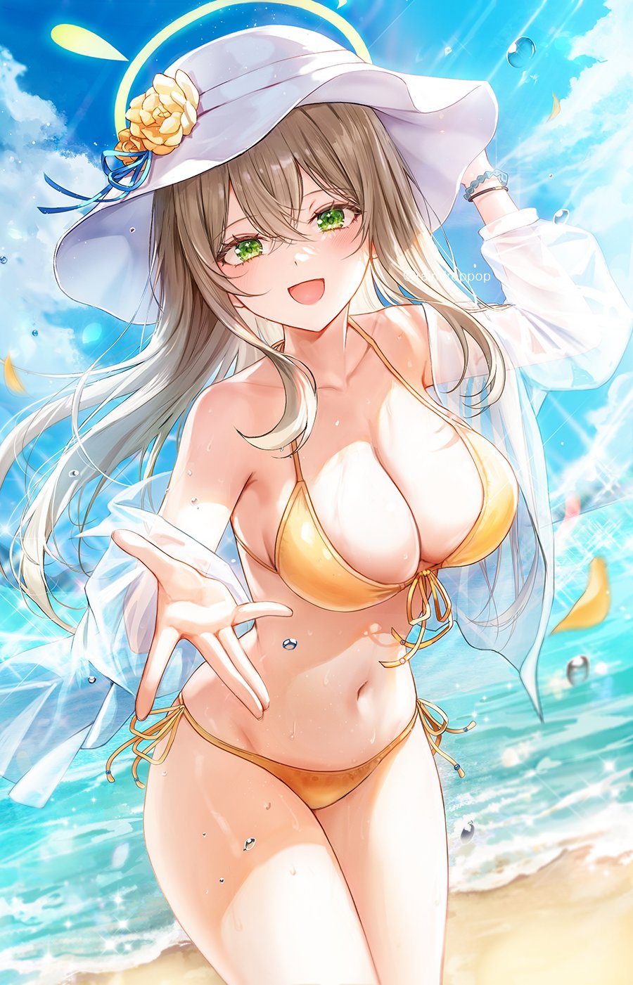 1girl 723/nanahumi :d arm_up bare_shoulders beach bead_bracelet beads bikini blue_archive bracelet breasts brown_hair cleavage collarbone cowboy_shot day flower front-tie_bikini_top front-tie_top green_eyes halo halterneck hat hat_flower highres jewelry large_breasts long_hair looking_at_viewer navel nonomi_(blue_archive) nonomi_(swimsuit)_(blue_archive) off_shoulder official_alternate_costume open_mouth outdoors outstretched_arm revision see-through side-tie_bikini_bottom smile solo standing stomach string_bikini sun_hat swimsuit thighs wet white_headwear yellow_bikini