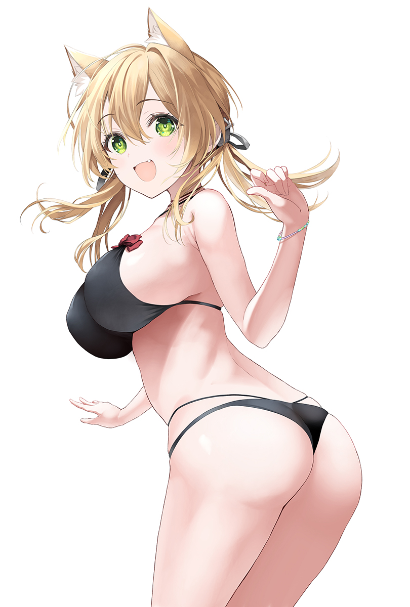 1girl animal_ear_fluff animal_ears ass bare_arms bare_legs bare_shoulders bikini black_bikini blonde_hair blush breasts cat_ears fang green_eyes hair_between_eyes highres inuzumi_masaki kantai_collection large_breasts long_hair low_twintails open_mouth prinz_eugen_(kancolle) simple_background smile solo swimsuit twintails white_background