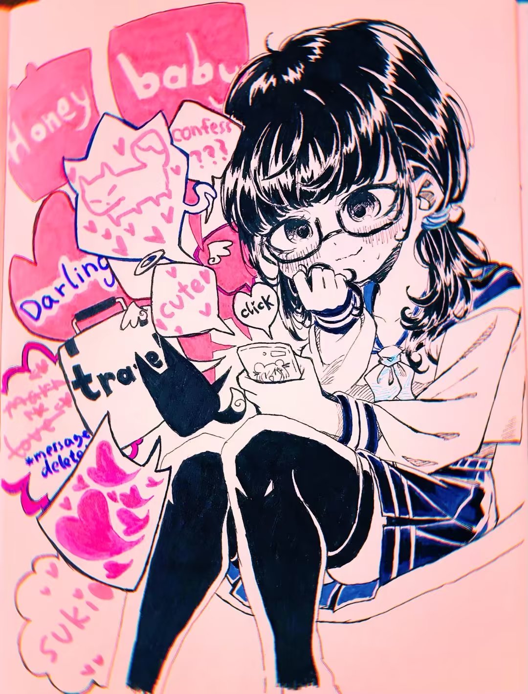 1girl ? ?? angel_wings black-framed_eyewear black_cat black_eyes black_hair black_thighhighs blue_sailor_collar blue_skirt blunt_bangs blush cat cellphone chibi clenched_hand commentary crossed_out double_bun drawing english_text feet_out_of_frame flustered fox glasses hair_bun hair_over_shoulder hair_tie halo hand_on_own_cheek hand_on_own_face head_only heart highres holding holding_hair holding_phone limited_palette long_hair long_sleeves looking_at_phone mini_wings neckerchief original phone pink_background pleated_skirt ponytail ray5green romaji_text sailor_collar school_uniform semi-rimless_eyewear serafuku sitting skirt sleeve_cuffs smartphone smartphone_case solo sound_effects speech_bubble thighhighs traditional_media under-rim_eyewear wavy_mouth white_serafuku white_stripes wings
