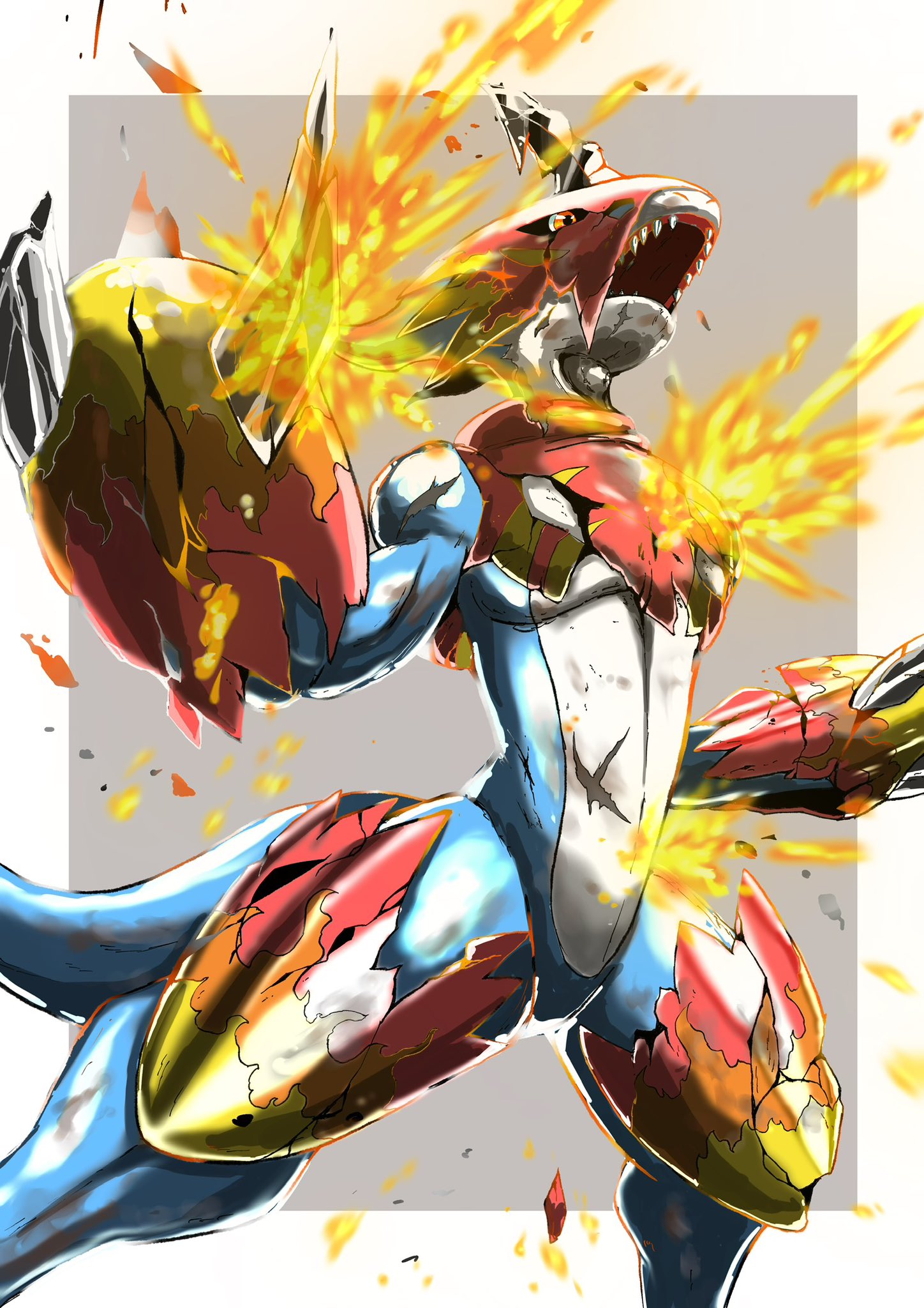 anthro armor bandai_namco blue_body broken_armor claws digimon digimon_(species) elemental_manipulation fire fire_manipulation flamedramon hi_res male roaring scalie scar sharp_teeth solo sutunununu teeth