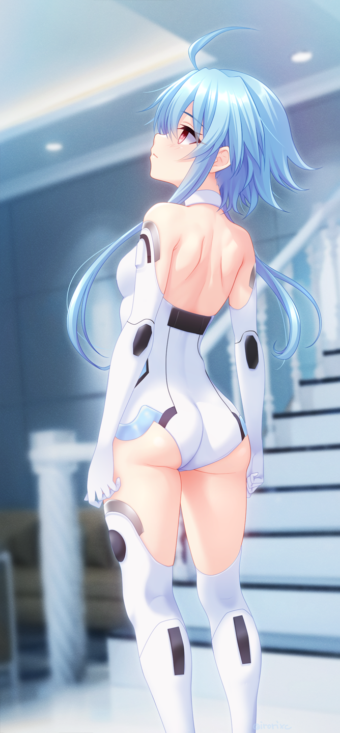 1girl ass bare_shoulders blue_hair blush breasts collar elbow_gloves from_behind gloves hair_between_eyes highres irori_(irorixc) leotard light_blue_hair looking_away neptune_(series) power_symbol red_eyes short_hair_with_long_locks skindentation small_breasts solo symbol-shaped_pupils thighhighs white_gloves white_heart white_leotard