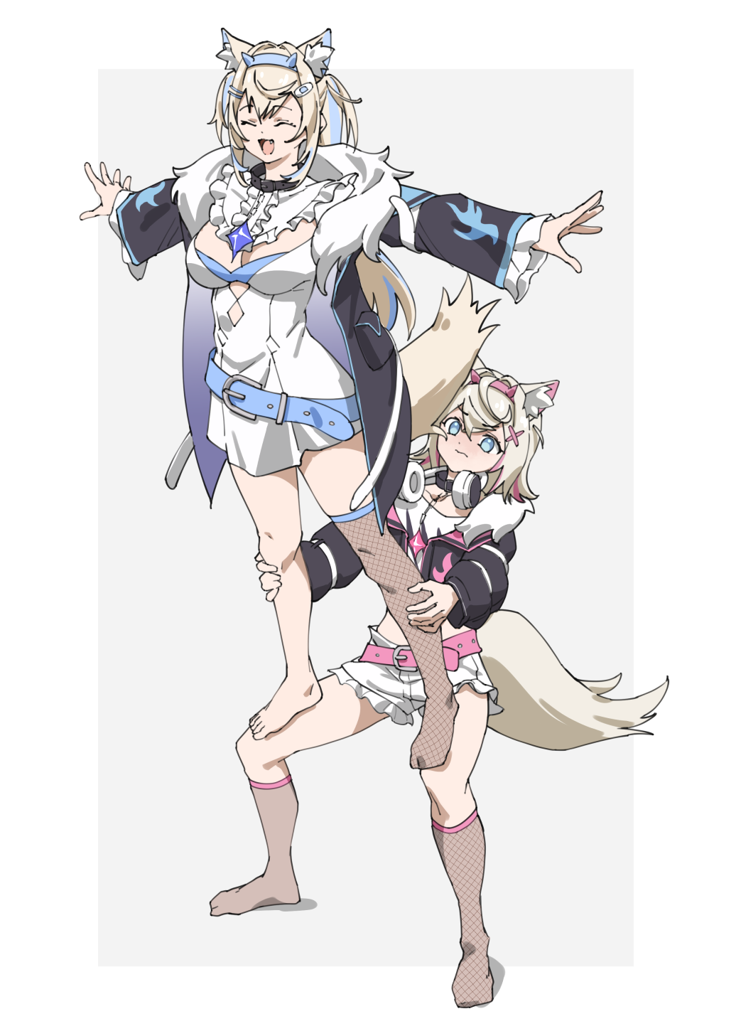 2girls :d ^_^ animal_ear_fluff animal_ears bandaid_hair_ornament belt belt_collar black_jacket blonde_hair blue_belt blue_eyes blue_hair blue_hairband breasts center_frills closed_eyes collar colored_inner_animal_ears commentary cropped_jacket dog_ears dog_girl dog_tail dot_nose dress extra_ears fang fishnet_socks fishnet_thighhighs fishnets frilled_sleeves frills full_body fur_collar fuwawa_abyssgard hair_ornament hairband hairclip headphones headphones_around_neck highres hololive hololive_english jacket kneehighs long_hair long_sleeves medium_breasts mococo_abyssgard multicolored_hair multiple_girls no_shoes open_mouth outstretched_arms pink_belt pink_hair pink_hairband saboten_pose short_hair short_shorts shorts siblings simple_background single_bare_leg single_barefoot single_thighhigh sisters smile socks spread_arms streaked_hair tail tanabe_(fueisei) thighhighs twins two-tone_hair two_side_up virtual_youtuber white_background white_dress white_shorts x_hair_ornament