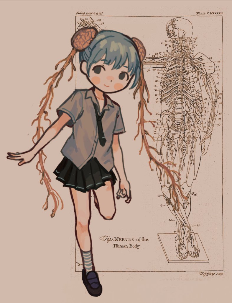 1girl anatomical_model arms_at_sides black_footwear black_necktie black_skirt blue_hair blush_stickers brain brown_background collared_shirt commentary dot_nose double_bun empty_eyes english_commentary english_text exposed_brain full_body grey_eyes grey_shirt grey_socks hair_bun io_(onisarashi) leg_up loafers looking_to_the_side necktie nervous_system original pleated_skirt shirt shoes short_hair simple_background skirt smile socks solo spinal_cord striped striped_socks