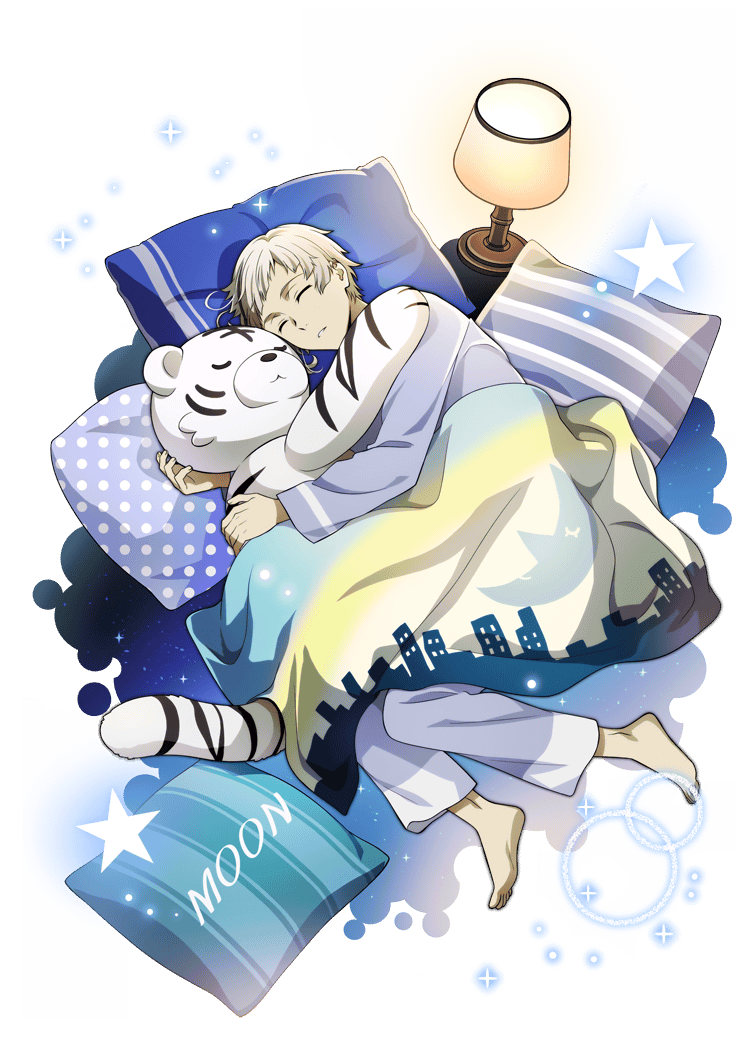 1boy bad_source barefoot black_hair blanket bungou_stray_dogs closed_eyes fingernails grey_hair lamp male_focus multicolored_hair nakajima_atsushi_(bungou_stray_dogs) official_art pajamas parted_lips pillow sleeping star_(symbol) streaked_hair stuffed_animal stuffed_tiger stuffed_toy transparent_background