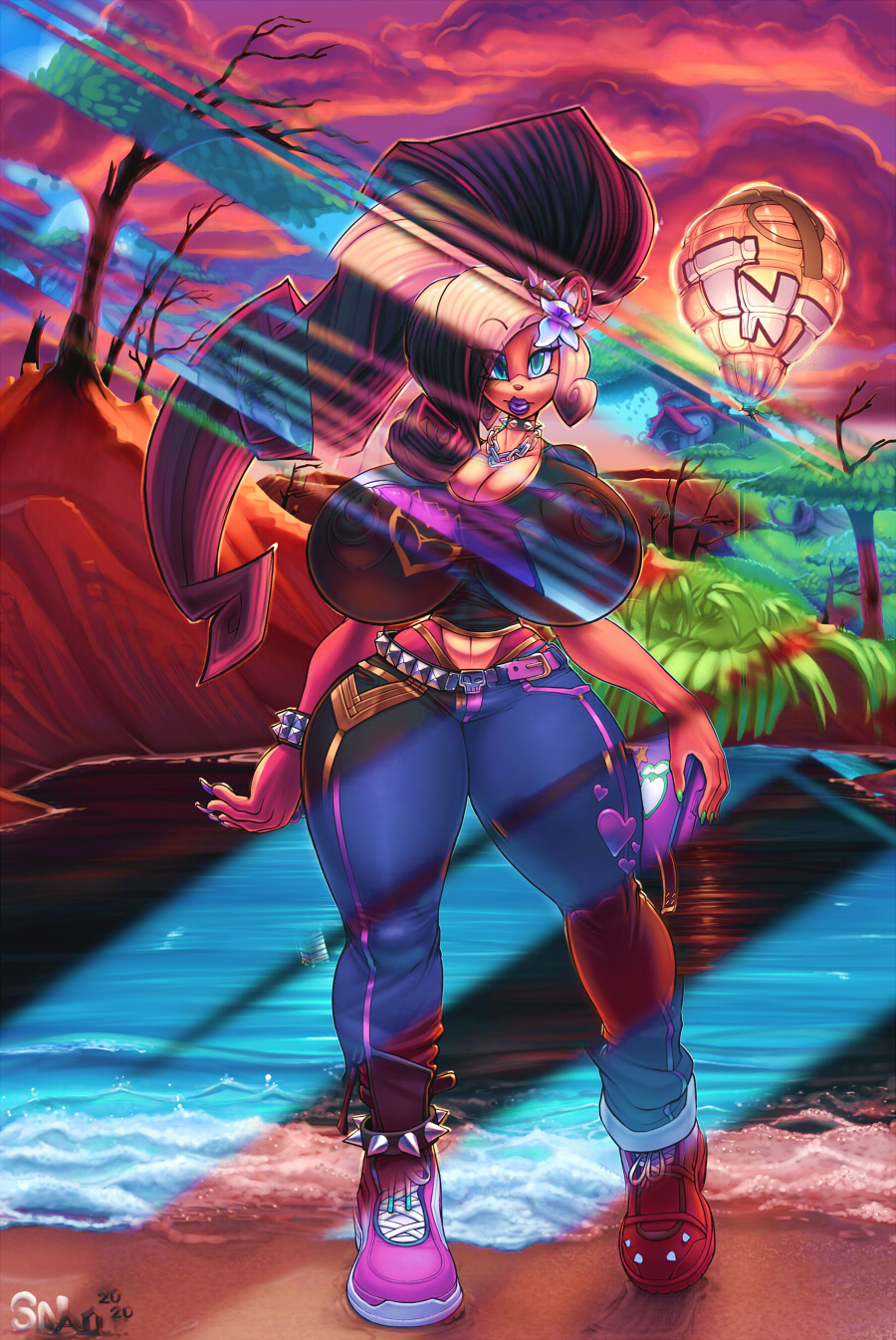 activision anthro bandicoot big_breasts big_nipples black_hair blonde_hair blue_eyes breasts coco_bandicoot crash_bandicoot_(series) ear_piercing evil_coco eyeshadow female goth hair happy hi_res huge_breasts lips lipstick looking_at_viewer makeup mammal marsupial nipple_outline nipple_piercing nipples open_mouth open_smile piercing piercing_outline ponytail puffy_nipples ring_piercing small_waist smile snao solo thick_thighs wide_hips