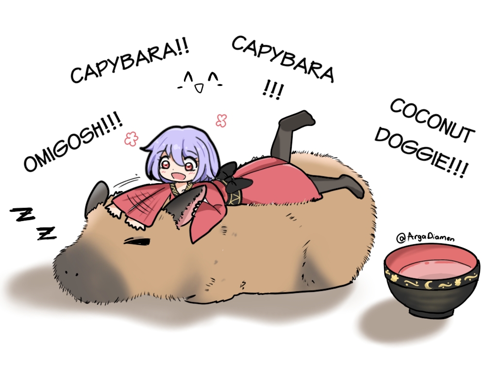 1girl afterimage black_pantyhose bowl capybara commentary diamon_arga english_commentary english_text full_body happy hat hat_removed headwear_removed japanese_clothes kimono long_sleeves looking_at_animal lying lying_on_animal mini_person minigirl no_shoes on_animal on_stomach open_mouth pantyhose petting purple_hair red_eyes red_kimono simple_background sleeping smile solo sukuna_shinmyoumaru touhou twitter_username white_background wide_sleeves zzz