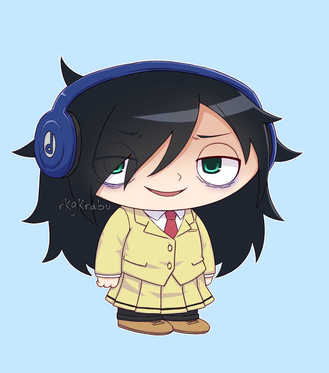 1girl artist_name bags_under_eyes black_hair blue_background crossover full_body fusion green_eyes headphones highres kuroki_tomoko necktie open_mouth pleated_skirt rkgkrabu school_uniform skirt smile solo stewie_griffin watashi_ga_motenai_no_wa_dou_kangaetemo_omaera_ga_warui!