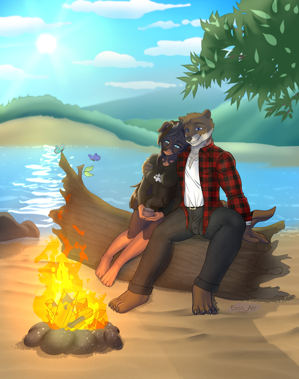 2022 4_toes 5_fingers anthro anthro_on_anthro barefoot black_body black_fur black_hair black_nose breasts brown_body brown_fur campfire canid canine canis claws clothed clothing cuddling dobermann domestic_dog duo eoss_air feet female fingers fire fish fur grin hair hi_res hindpaw humanoid_hands hybrid male male/female mammal marine multicolored_body multicolored_fur mustelid nature otter outside paws pinscher romantic romantic_ambiance romantic_couple shark sharky_(captain_shark_nose) smile teeth toe_claws toes two_tone_body two_tone_fur water white_body white_fur