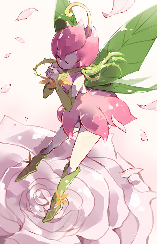 closed_eyes digimon digimon_(creature) falling_petals flower lillymon monster_girl natsuki_(aisae) no_humans own_hands_clasped own_hands_together petals pink_flower pink_rose plant_girl rose rose_petals