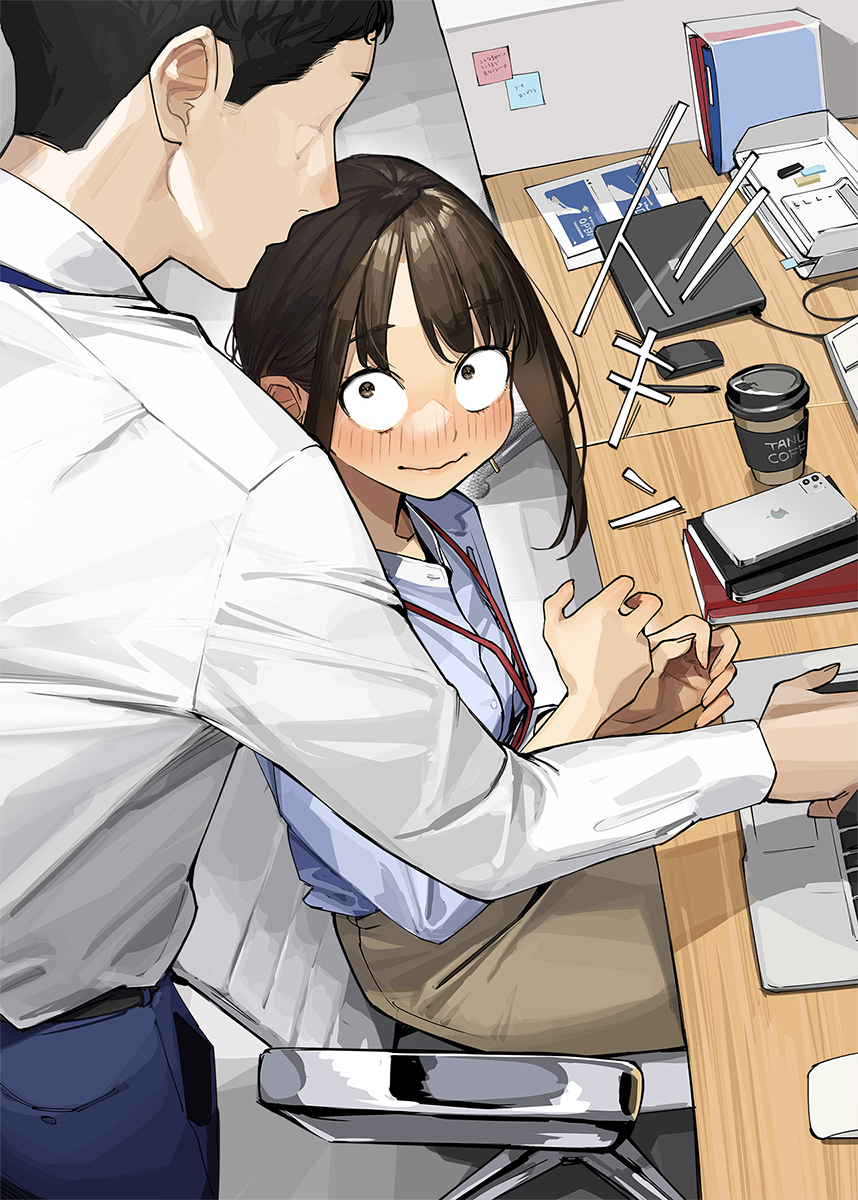 1boy 1girl black_hair blue_shirt blush brown_eyes brown_hair cellphone chair closed_mouth commentary_request cup desk douki-chan_(douki-chan) douki-kun_(douki-chan) faceless faceless_male ganbare_douki-chan highres lanyard long_sleeves looking_at_another on_chair phone shirt short_hair sidelocks sitting wavy_mouth white_shirt yomu_(sgt_epper)