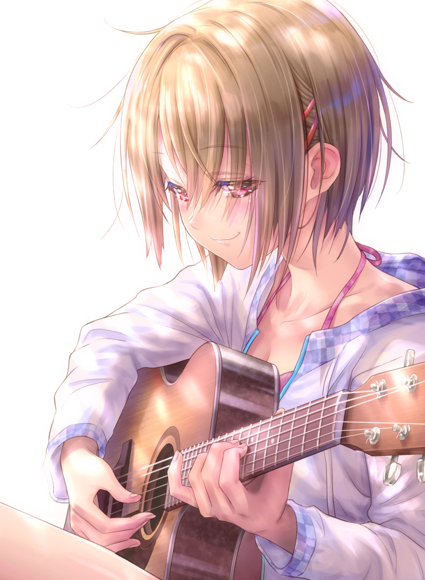 1girl blonde_hair breasts cleavage collarbone goto_p guitar hair_ornament heaven_burns_red instrument jacket kayamori_ruka music playing_instrument red_eyes short_hair smile solo swimsuit white_jacket