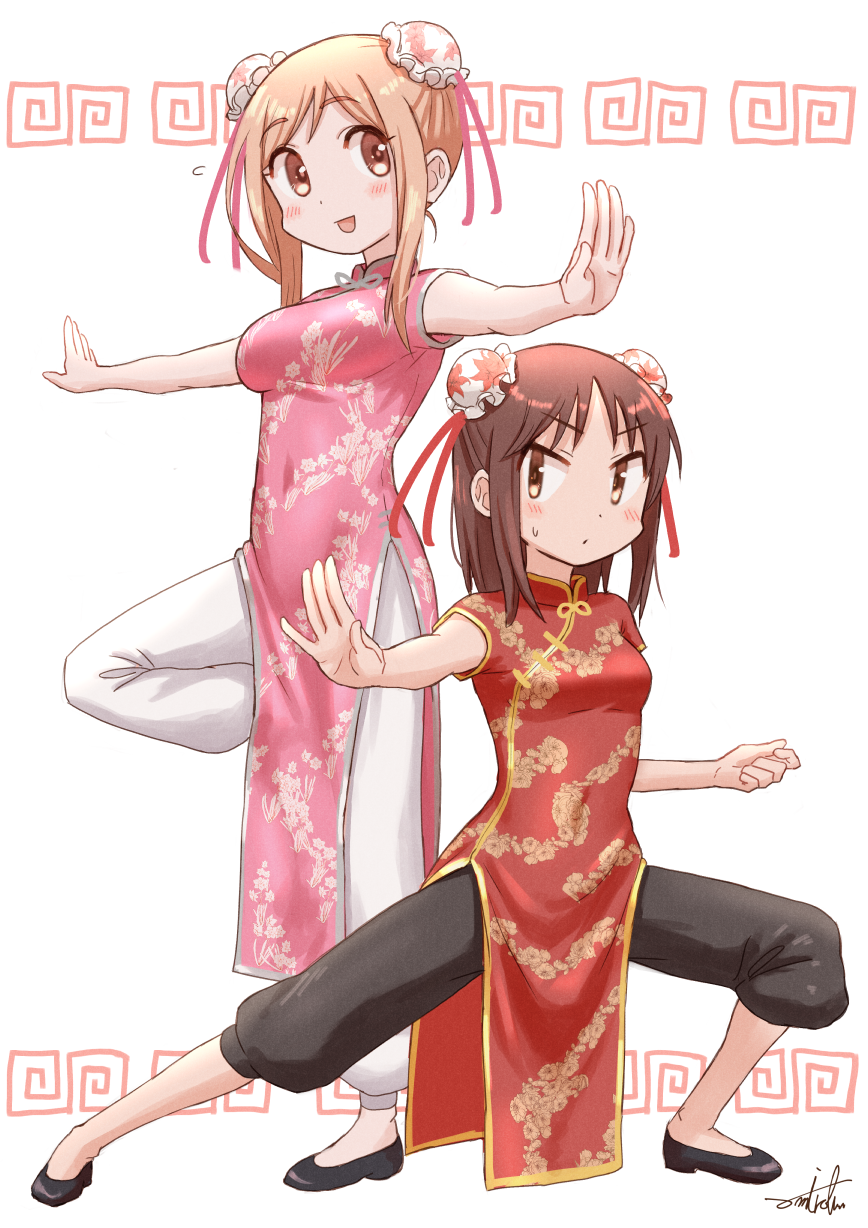 2girls :d aikawa_chiho bare_arms black_footwear black_pants blush breasts brown_eyes brown_hair bun_cover china_dress chinese_clothes closed_mouth commentary_request covered_navel double_bun dress flying_sweatdrops hair_bun highres light_brown_hair medium_breasts multiple_girls okano_kei outstretched_arms pants parted_bangs puffy_pants shoes simple_background small_breasts smile spread_arms standing standing_on_one_leg sweat umiroku white_background white_pants yuyushiki