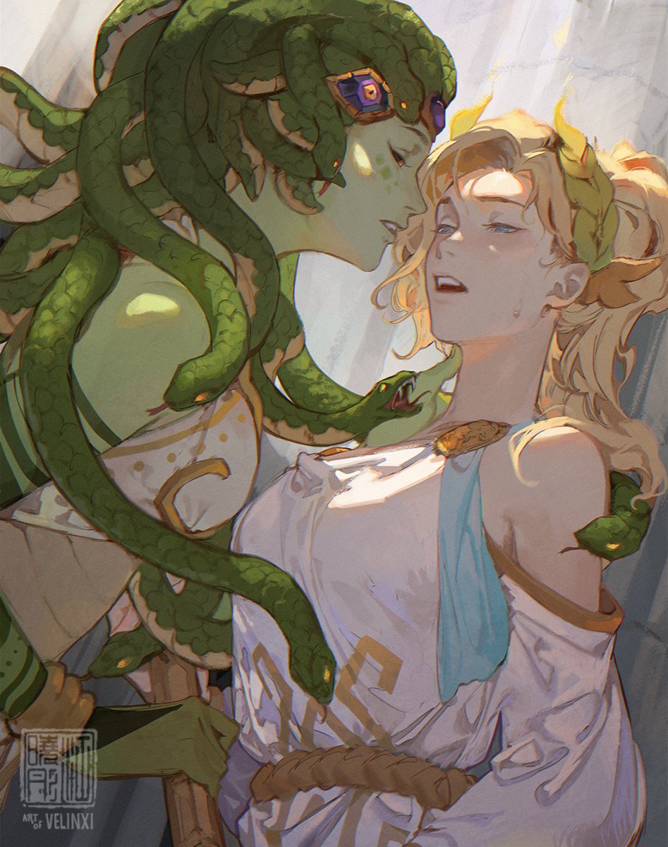 2girls artist_name bare_shoulders blonde_hair blue_eyes blush breasts colored_skin english_commentary freckles greek_clothes green_hair green_skin hand_on_another's_neck high_ponytail highres imminent_kiss large_breasts long_hair looking_at_another medium_hair mercy_(overwatch) multiple_girls official_alternate_costume open_mouth overwatch overwatch_2 parted_lips snake snake_hair teeth upper_body upper_teeth_only velocesmells white_sleeves widowmaker_(overwatch) yuri