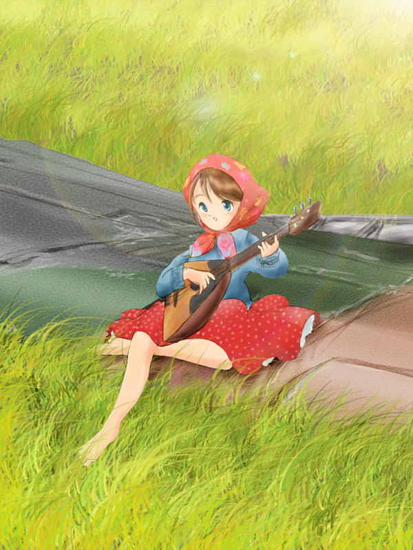 1girl after_battle aircraft airplane balalaika_(instrument) barefoot battle_of_kursk blue_eyes blush brown_hair celebration commentary_request debris good_end grass head_scarf instrument military music original playing_instrument real_life ruins russia russian_clothes saki_jun'ya scarf sitting sketch skirt victory world_war_ii wreckage