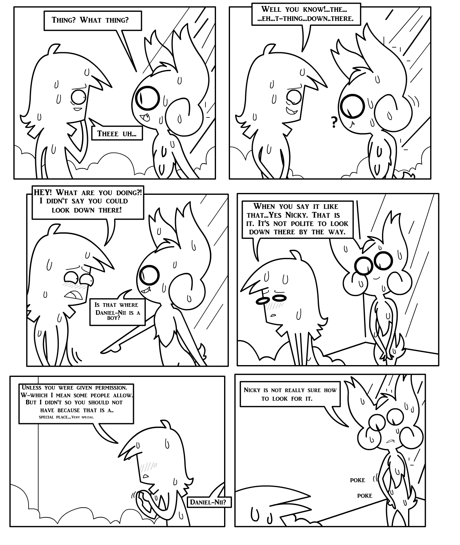 ambiguous_gender anthro bat bathing bathroom border comic daniel_toke dialogue duo embarrassed english_text eye_contact fangs gesture greyscale hi_res human inside looking_at_another looking_down male male/ambiguous mammal monochrome motion_lines narrowed_eyes nicky_(abfmh) oblivious open_mouth overbite pointing pointing_at_another pupils question_mark scut_tail shane_frost short_tail shower showering slit_pupils smile speech_bubble tail teeth text water wet white_border
