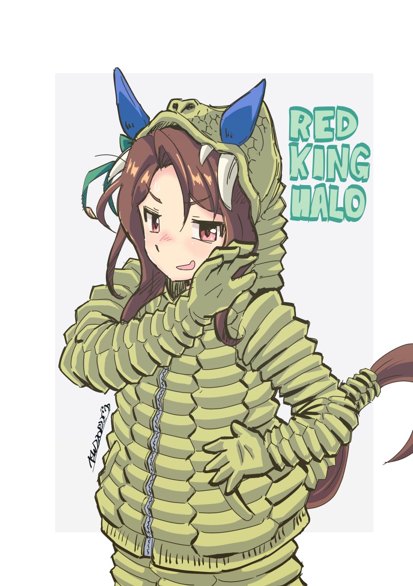 1girl animal_ears as'maria brown_hair character_name cosplay green_jacket highres hood hooded_jacket horse_ears horse_girl horse_tail jacket king_halo_(umamusume) long_hair name_connection ojou-sama_pose open_mouth parted_bangs pink_eyes red_king_(ultra_series) red_king_(ultra_series)_(cosplay) signature simple_background smile solo standing tail ultra_series umamusume upper_body white_background