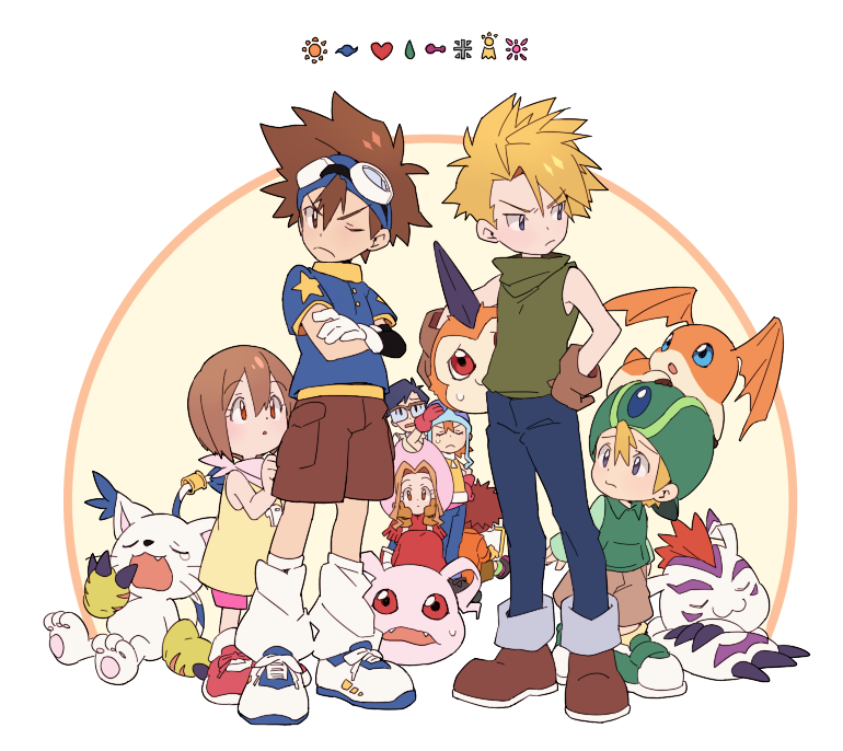 blonde_hair blue_eyes brother_and_sister brown_footwear brown_hair brown_shorts child computer digimon digimon_adventure gabumon glasses gloves heart ishida_yamato izumi_koshiro kido_jo kooribinu koromon laptop one_eye_closed orange_hair pants patamon red_eyes shoes short_hair shorts siblings star_(symbol) tachikawa_mimi tailmon takenouchi_sora tunomon yagami_hikari yagami_taichi