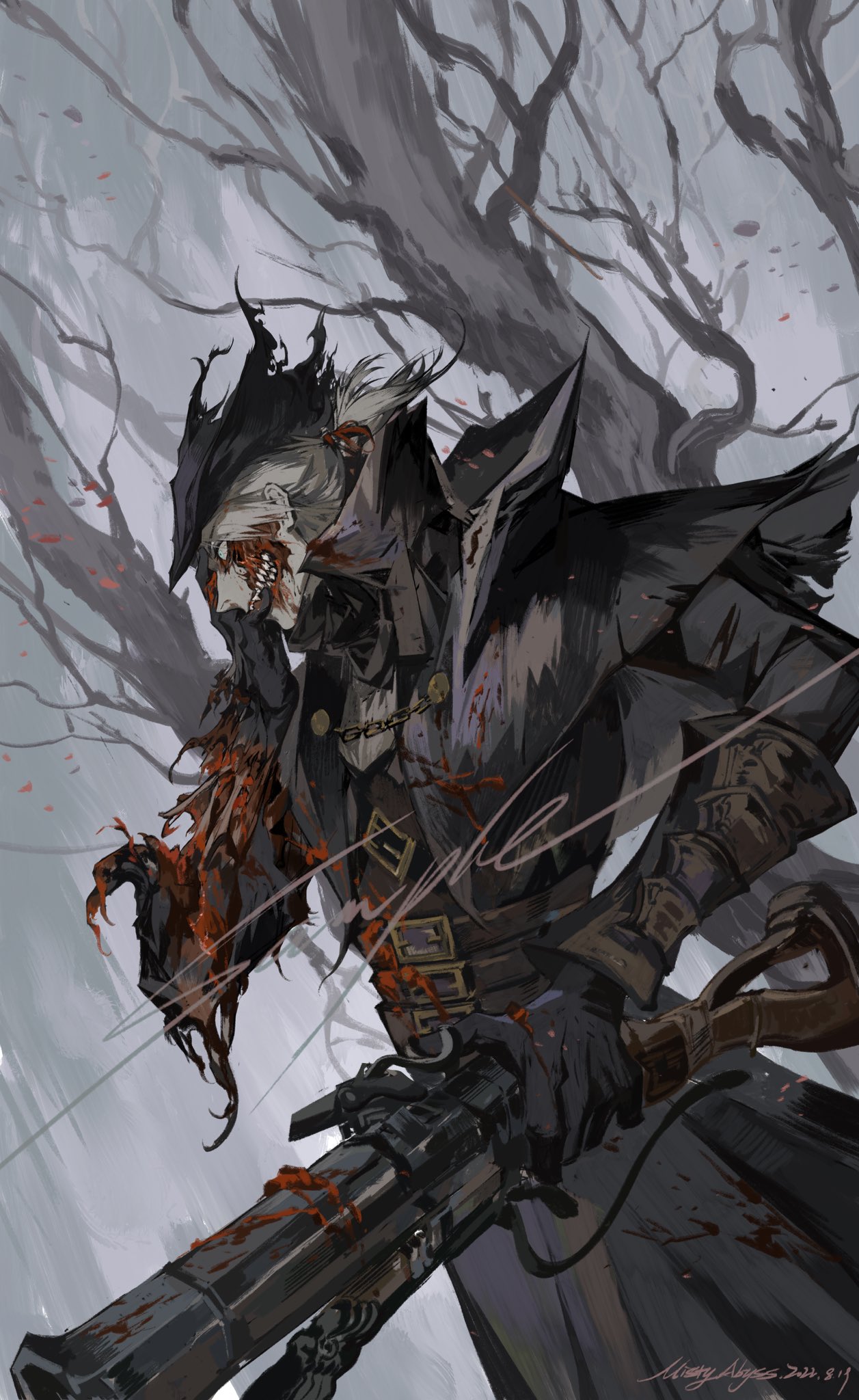 1boy black_gloves black_headwear blood blood_on_clothes blood_on_face blood_splatter bloodborne brown_vest coat decapitation disfigured fog from_software gloves gun hat highres holding holding_gun holding_weapon hunter_(bloodborne) mistyabyss outdoors signature solo torn_clothes torn_hat tree tricorne vest weapon white_hair