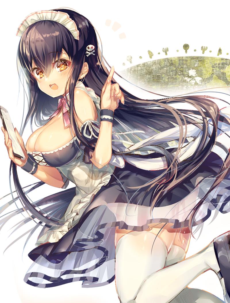 1girl :d alternate_costume apron back_bow bare_shoulders black_dress black_hair black_thighhighs black_wrist_cuffs blush bone_hair_ornament bow bowtie breasts chi_no cleavage collar commentary_request detached_collar dress enmaided eyelashes eyes_visible_through_hair fingernails floating_clothes floating_hair frilled_apron frilled_dress frills from_side hair_between_eyes hair_ornament hands_up happy holding holding_notepad index_finger_raised kushima_kamome large_breasts long_hair looking_at_viewer maid maid_apron maid_headdress notepad notice_lines open_mouth pink_bow pink_bowtie ribbon ribbon-trimmed_sleeves ribbon_trim short_sleeves sideboob sidelocks simple_background skull_and_crossbones skull_hair_ornament smile solo standing straight_hair strapless strapless_dress summer_pockets thighhighs thighs very_long_hair white_apron white_background white_bow white_collar white_ribbon yellow_eyes