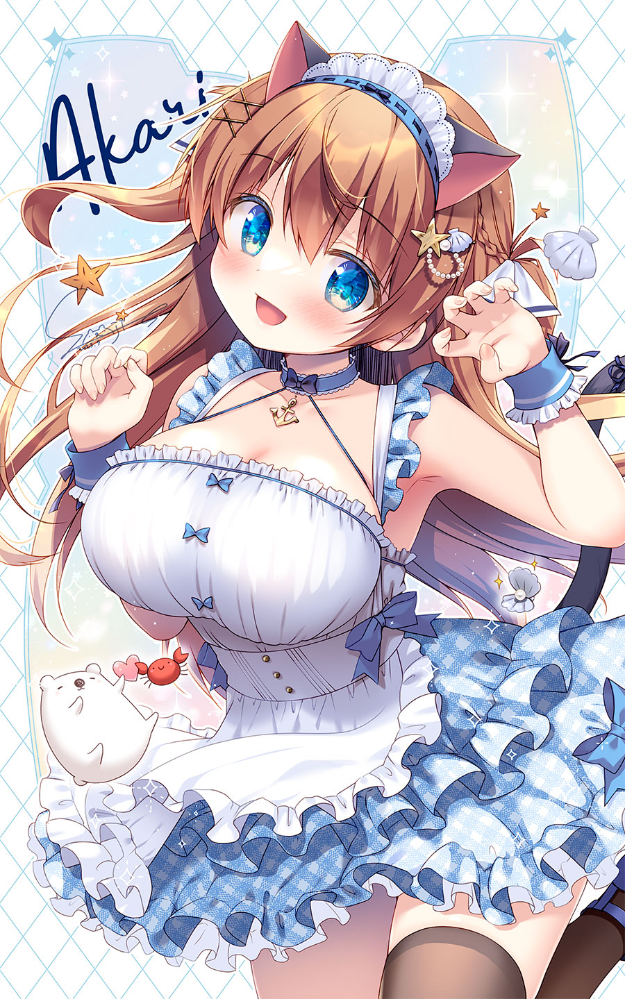 1girl :d animal_ears apron blue_choker blue_eyes blue_skirt braid breasts brown_hair brown_thighhighs cat_ears cat_girl cat_tail choker claw_pose cleavage collarbone commentary_request frilled_apron frilled_skirt frills hair_between_eyes hair_ornament hands_up highres large_breasts layered_skirt long_hair looking_at_viewer maid_headdress original plaid plaid_skirt sasai_saji shirt skirt smile solo tail thighhighs two_side_up very_long_hair white_apron white_shirt wrist_cuffs x_hair_ornament