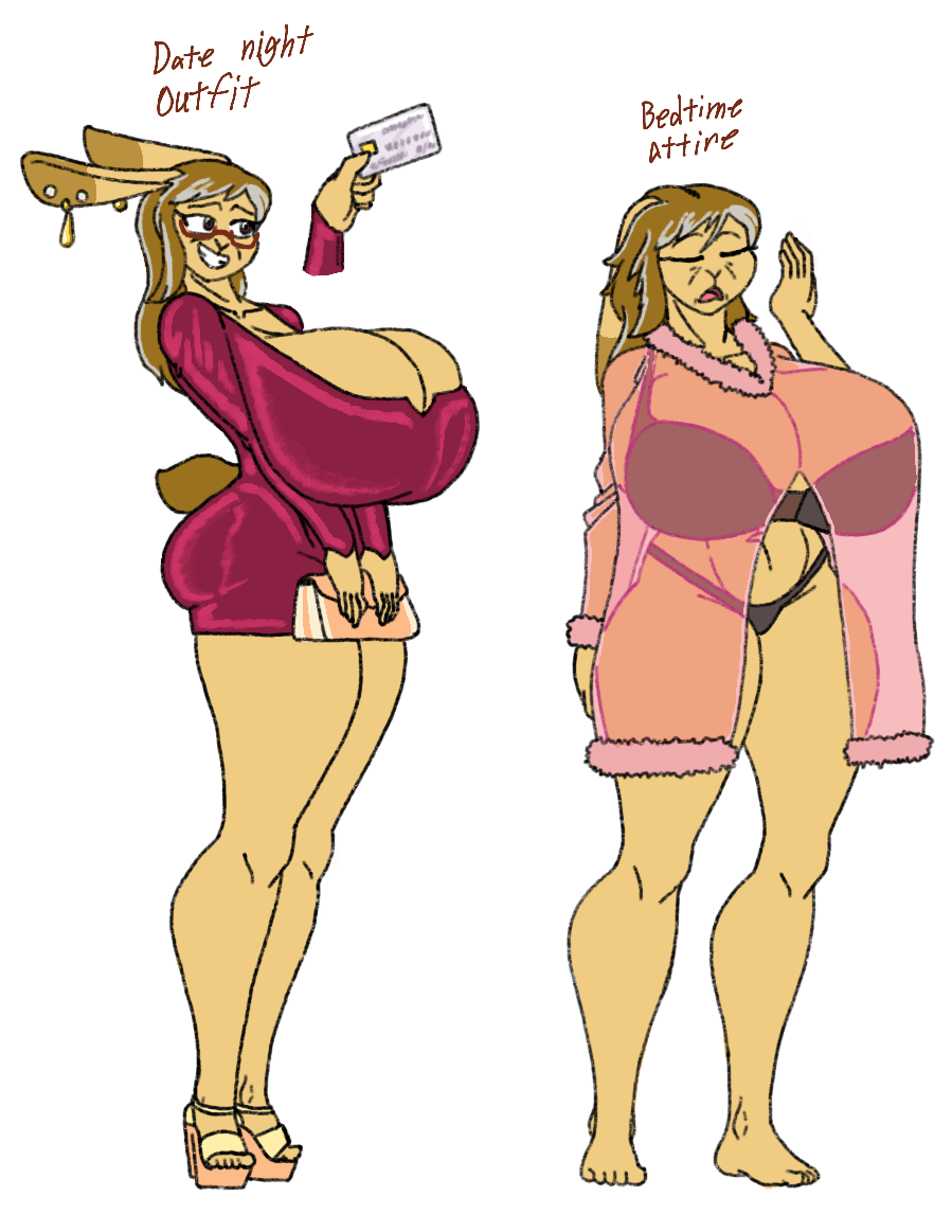 anthro big_breasts bottomwear bra breasts brown_hair butt cleavage clothed clothing credit_card digital_media_(artwork) dress ear_piercing ear_ring english_text eyewear female footwear fur glasses hair huge_breasts jewelry lagomorph leporid lurker_bot mammal maryanne_(lurker_bot) mature_anthro mature_female nightgown piercing rabbit ring_piercing simple_background smile solo standing tail text thick_thighs topwear underwear wide_hips