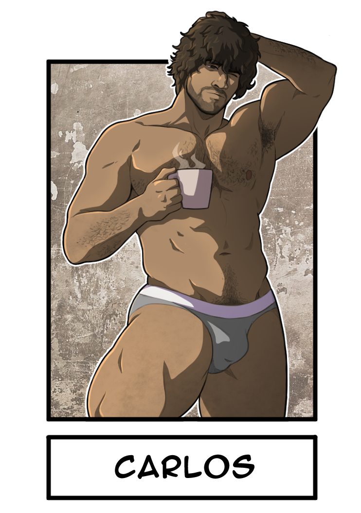 1boy bara black_hair bulge carlos_oliveira character_name chest_hair closed_mouth cup dkmate facial_hair grey_male_underwear holding holding_cup large_pectorals male_focus male_underwear muscular muscular_male navel nipples one_eye_closed pectorals resident_evil resident_evil_3:_nemesis resident_evil_3_(remake) short_hair solo thick_thighs thighs underwear